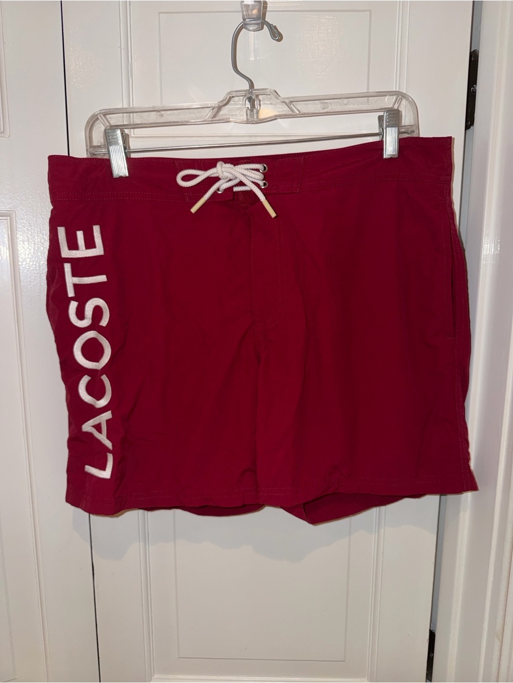 Lacoste Men's Deep Red Athletic Swim Shorts with Side Logo